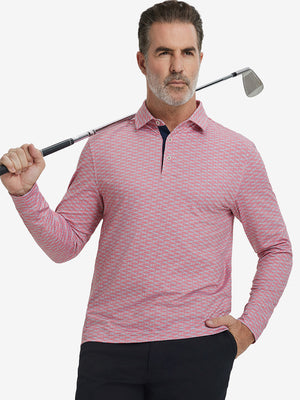 Model holding golf club, wearing lightweight print long sleeve polo in pink small fish, casual sporty fit.