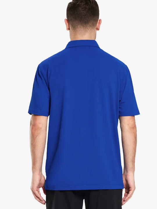 Back view half-body of model in COBALT Ventilated Pique Performance Polo