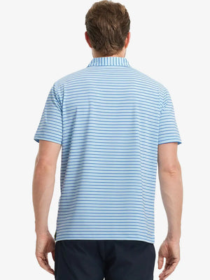 Back half-body view of LIGHT BLUE/COBALT STRIPE Polo, tailored and active