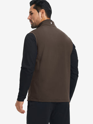 Back view of water-resistant fleece golf vests showing smooth fleece texture in coffee brown