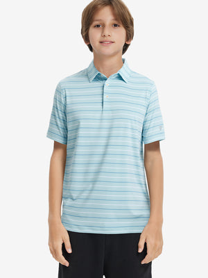Front upper body of model wearing trendy boys stripe polo shirts, casual fit in iced aqua stripe