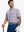Half-body front view of model holding golf club wearing PINK BLUE STRIPE Performance Yarn Dye Striped Polo
