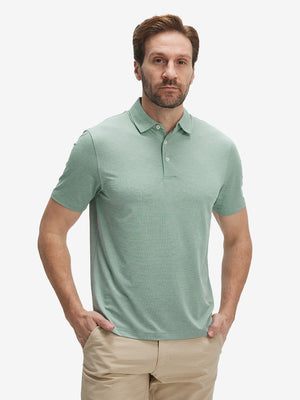 Front waist-up shot of model wearing grey green ultra-light quick dry moisture wicking collared polo shirt