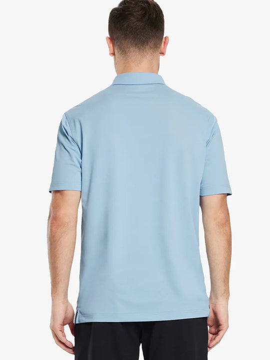 Back view half-body of model in SKY BLUE Ventilated Pique Performance Polo