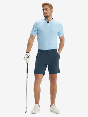 Full-body front view of model wearing the navy stretch soft flat front dress golf shorts for a complete look