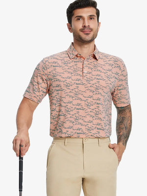 Half-body front view of model holding golf club wearing LIGHT ORANGE MASSIF Popular Heather Print Polo
