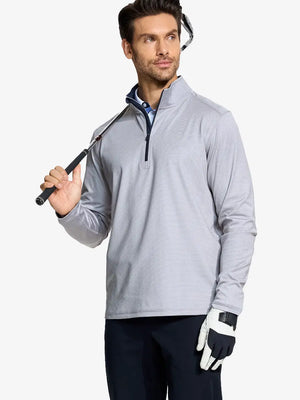 Half-body front view of model holding golf club in Pinstripe Quarter Zip Pullover – GREY MELANGE