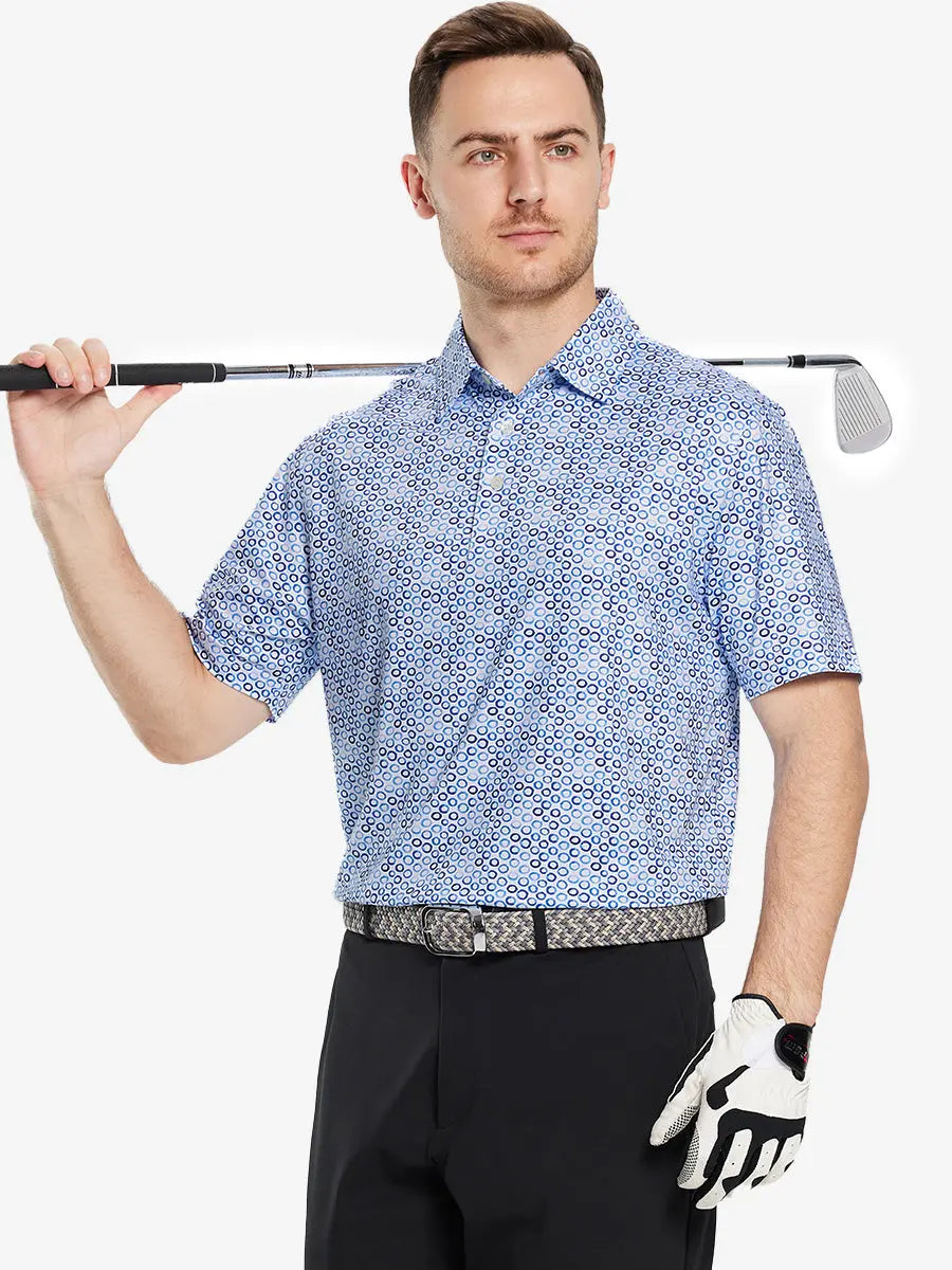 The model shows the front half-length image of the WHITE BLUE BUBBLE  golf polo shirt, paired with a golf club, showing a sporty and elegant temperament