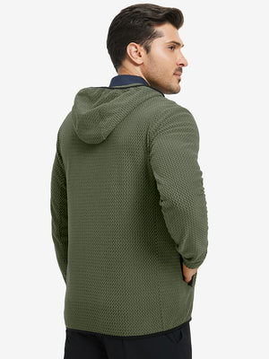 Back upper view of model in full zip fleece hoodied jacket, showing fit and seams in green.