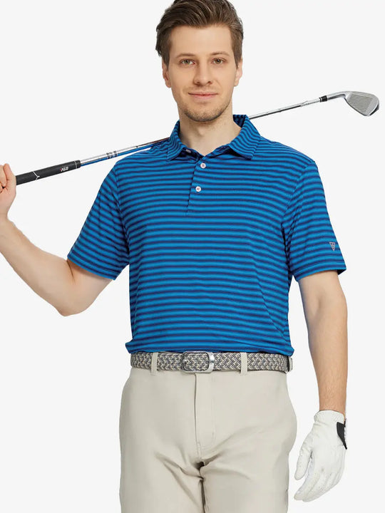 Front half-body shot holding golf club in Dark Blue Yarn Dyed Stripe Polo – sleek and smart
