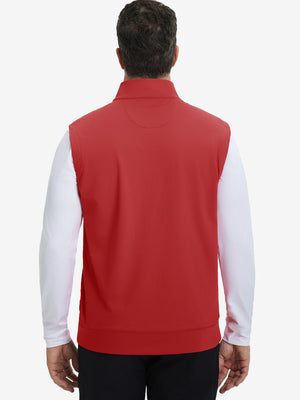 Back upper body view of the red print collar quarter zip golf vest, clean cut and relaxed posture.