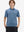 Front half-body shot of youth in blue denim stripe performance cooling polo, highlighting design and fit
