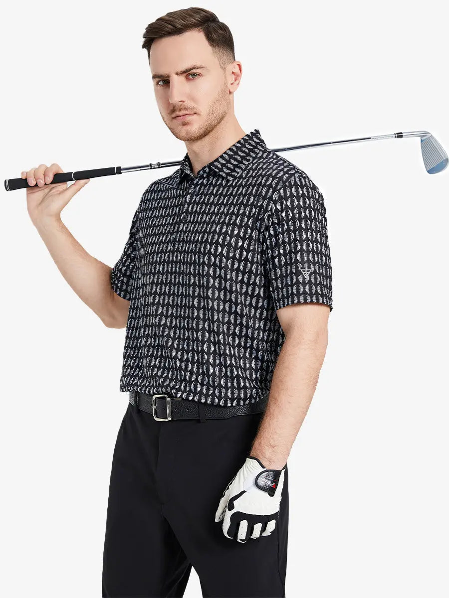 Half-body front view of model holding golf club wearing BLACK WHITE TWISTER Performance Quick Dry Print Golf Polo.