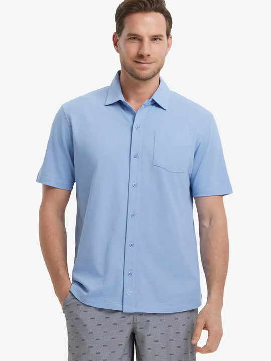 Model half-body front view wearing LIGHT BLUE Cotton Blend Plain Shirt.