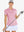 Front half-body of model in PINK Women's Performance Solid Polo holding golf club