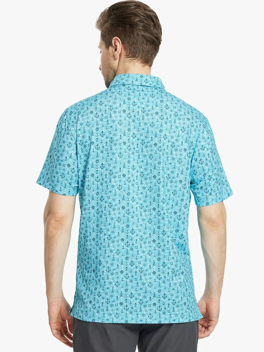 Back view of MAELREG Men's Performance Jersey Print Polo in Beacon Boat Anchor – athletic fit