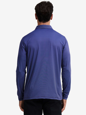Back upper body of Long sleeve pinstripe jersey polo with subtle plum blue stripe lines