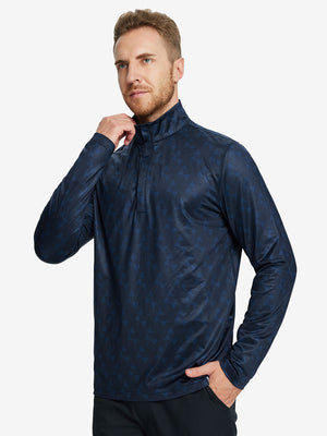 Men wearing Heather Pinstripe Brushed Dry Fit Quarter Zip Pullover in navy geo, front half body fit view