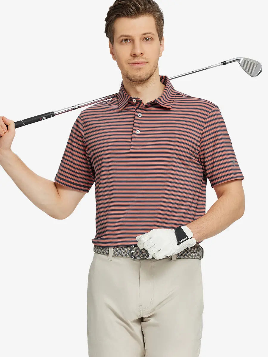 Front half-body golf pose wearing Olive Green White Yarn Dyed Stripe Polo
