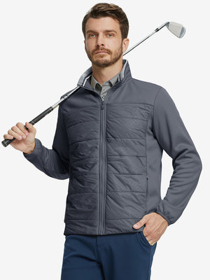 Model holding golf club, dressed in Golf Fleece Thermal Winter Jacket in dark grey, sporty design.