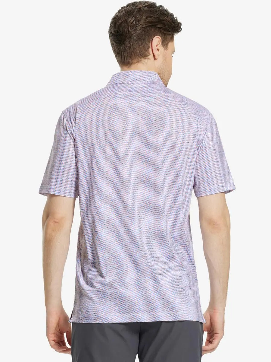 Back view of MAELREG Men's Performance Jersey Print Polo in Colourful Hexagon – athletic fit