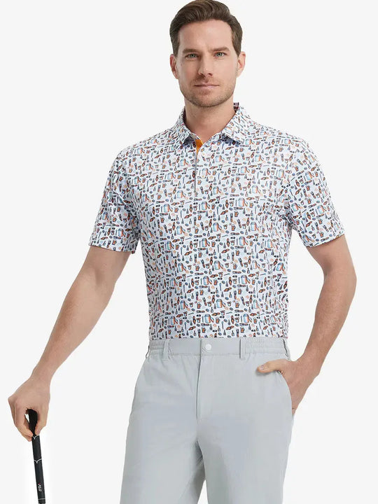 MAELREG Men's Performance Jersey Print Polo in White Orange Picnic – front half-body with golf pose