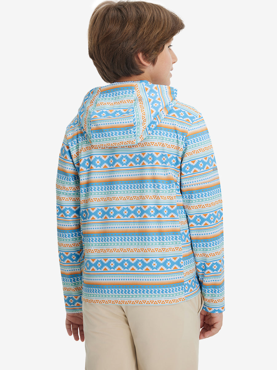 Back upper body view of model wearing youth full print stylish hoodies pullover, blue ethnic.