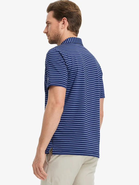 Back half-body look of DARK BLUE/LIGHT BLUE STRIPE Polo, relaxed and tailored