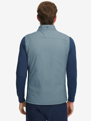 Back view of model wearing Lightweight Water Resistant Puffer Vest in slate blue