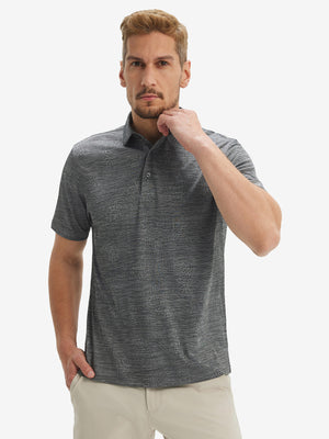 Front waist-up shot of model wearing grey pineapple breathable jacquard pattern 3-button golf polo