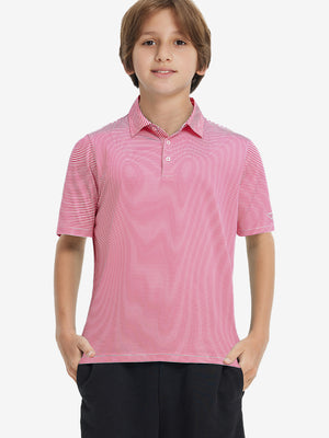 Front half-body shot of youth in rose stripe performance cooling polo, highlighting design and fit