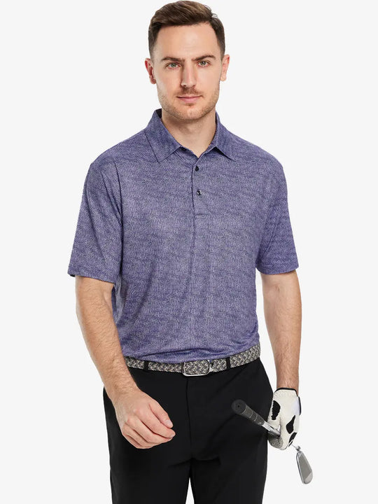 The model shows the front half-length image of the PURPLE MAZE golf polo shirt, paired with a golf club, showing a sporty and elegant temperament