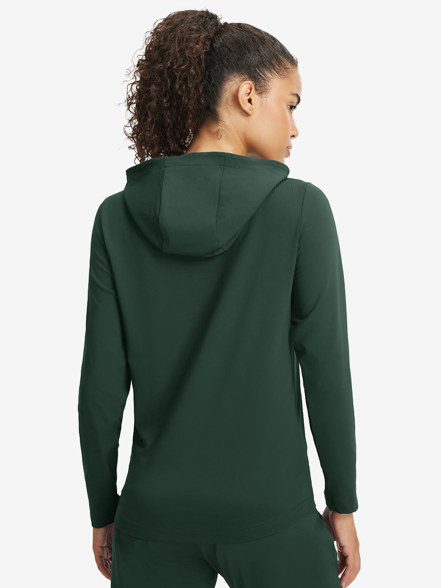 Back upper view of model in women's lightweight hoodies pullover, showing relaxed fit in forest green.