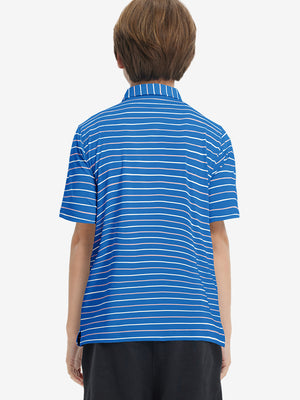 Back upper body of model in trendy boys stripe polo shirts, showing silhouette and blue stripe tone