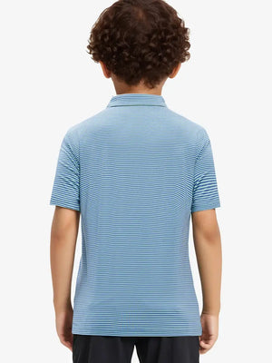 Back view of Youth Cooling Polo – half-body model in Green Ash Stripe