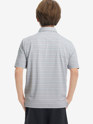 Back upper body of model in trendy boys stripe polo shirts, showing silhouette and ight grey stripe tone