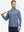 Full-body shot of model holding a golf club in saxony blue melange moisture wicking quarter zip pullover