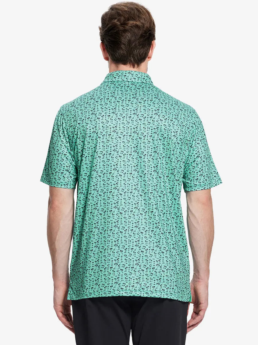 Model shown from the back wearing the mint seaside palm pattern polo, highlighting its fresh and comfortable design
