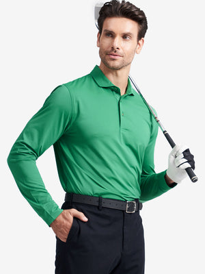 Model front upper body wearing Long sleeve pinstripe jersey polo in sleek green stripe