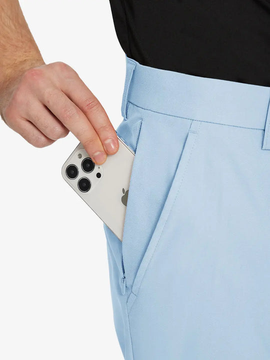 LIGHT BLUE Water Resistant Everyday Pants detail shot of iPhone in side pocket