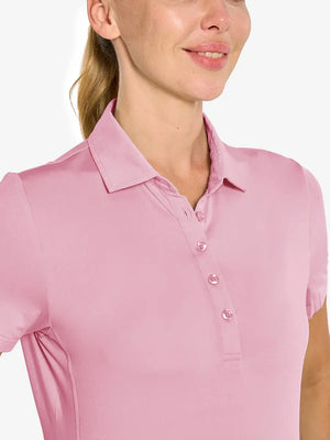 Close-up front view from nose to chest in PINK Women's Performance Solid Polo