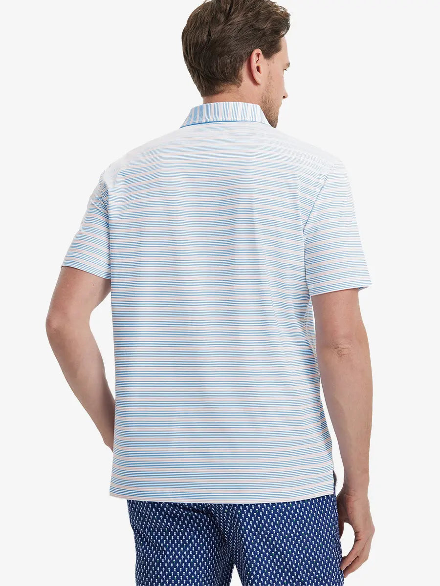 Back view of model wearing Blue Pink Stripe Performance Stripe Golf Shirt