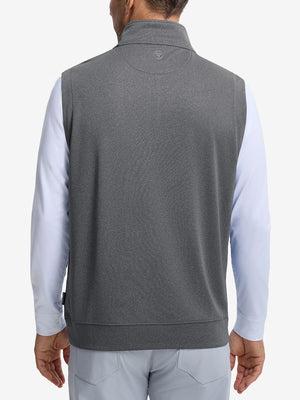 Back upper body shot of model wearing black melange lightweight sleeveless quarter zip golf vest
