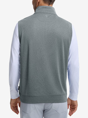 Back upper body shot of model wearing grey melange lightweight sleeveless quarter zip golf vest