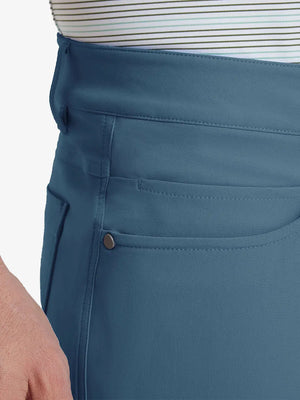 Close-up of right front pocket on Stretch Plain Everyday Pants, detailed stitching – GRAYISH BLUE