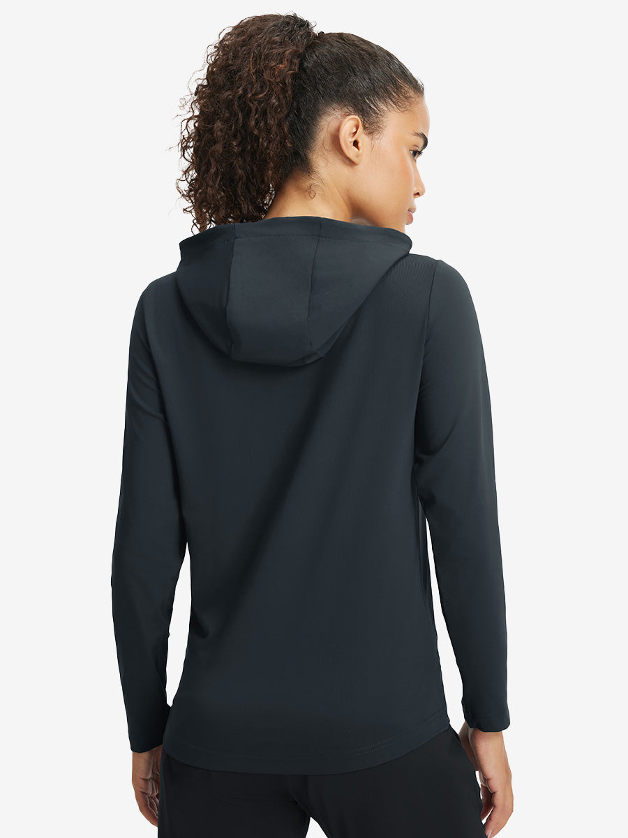 Back upper view of model in women's lightweight hoodies pullover, showing relaxed fit in dark grey.