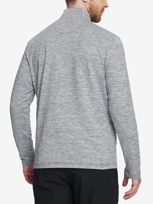 Back view of Heather Pinstripe Brushed Dry Fit Quarter Zip Pullover in black heather, showing clean athletic fit