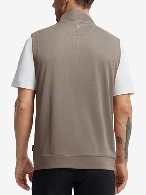 Back upper body shot of model wearing brown melange  lightweight sleeveless quarter zip golf vest