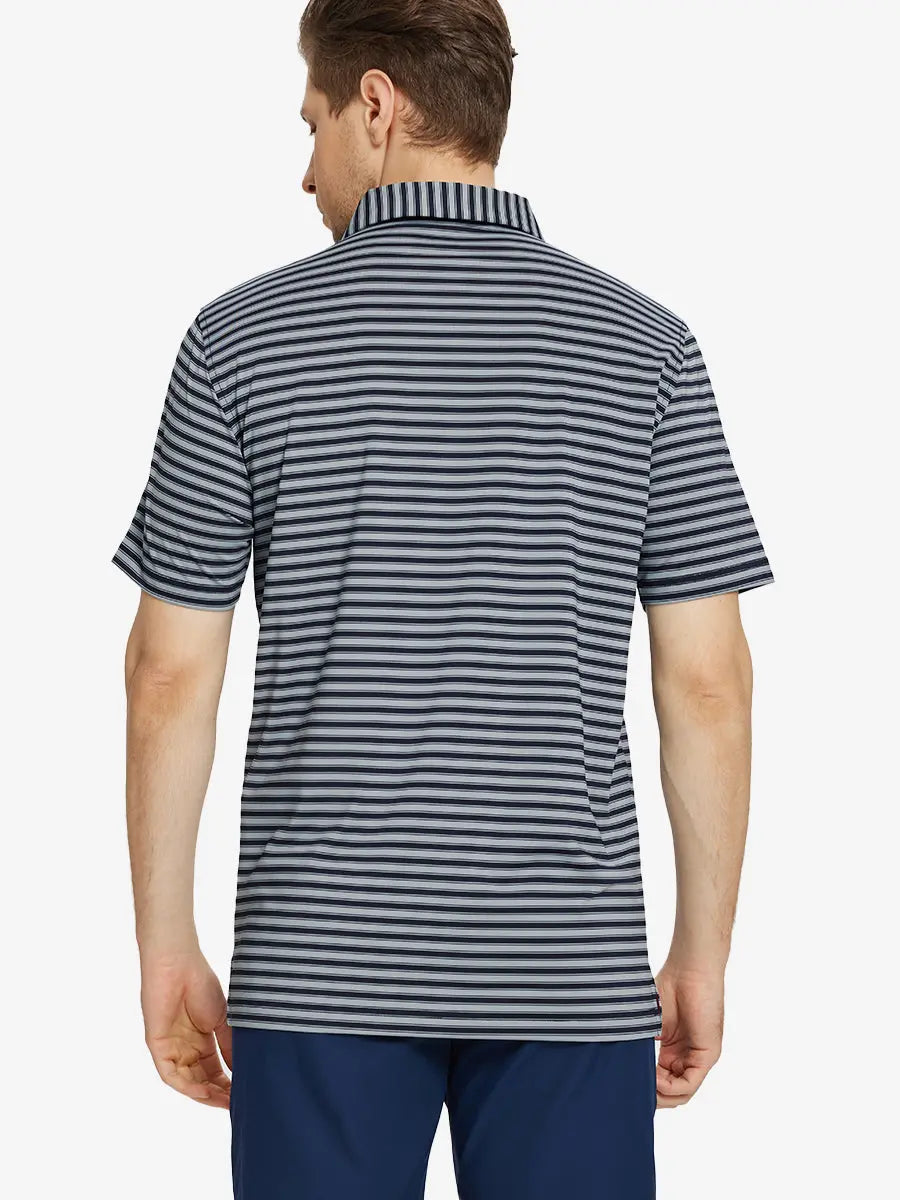 Back half-body view of the Navy Grey Yarn Dyed Stripe Polo – showing fit and silhouette