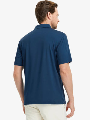 Rear half-body view of Everyday Solid Jersey Polo in BLUE, showcasing clean lines and shape.